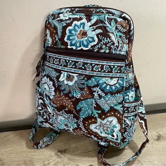 VERA BRADLEY Brown & Turquoise JAVA BLUE Quilted Cotton DESIGNER Back Pack BAG - Picture 2 of 6